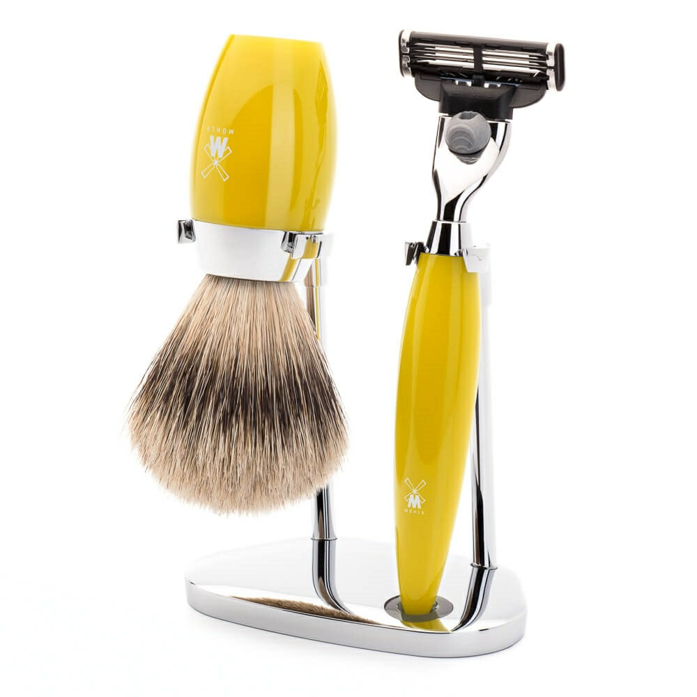 Se Mühle barbersæt med Mach3 Skraber, Barberkost og Holder, Kosmo, Citrus Kunstharpiks hos Proshave